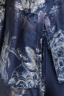 Navy blue shirt with white floral and leaf pattern