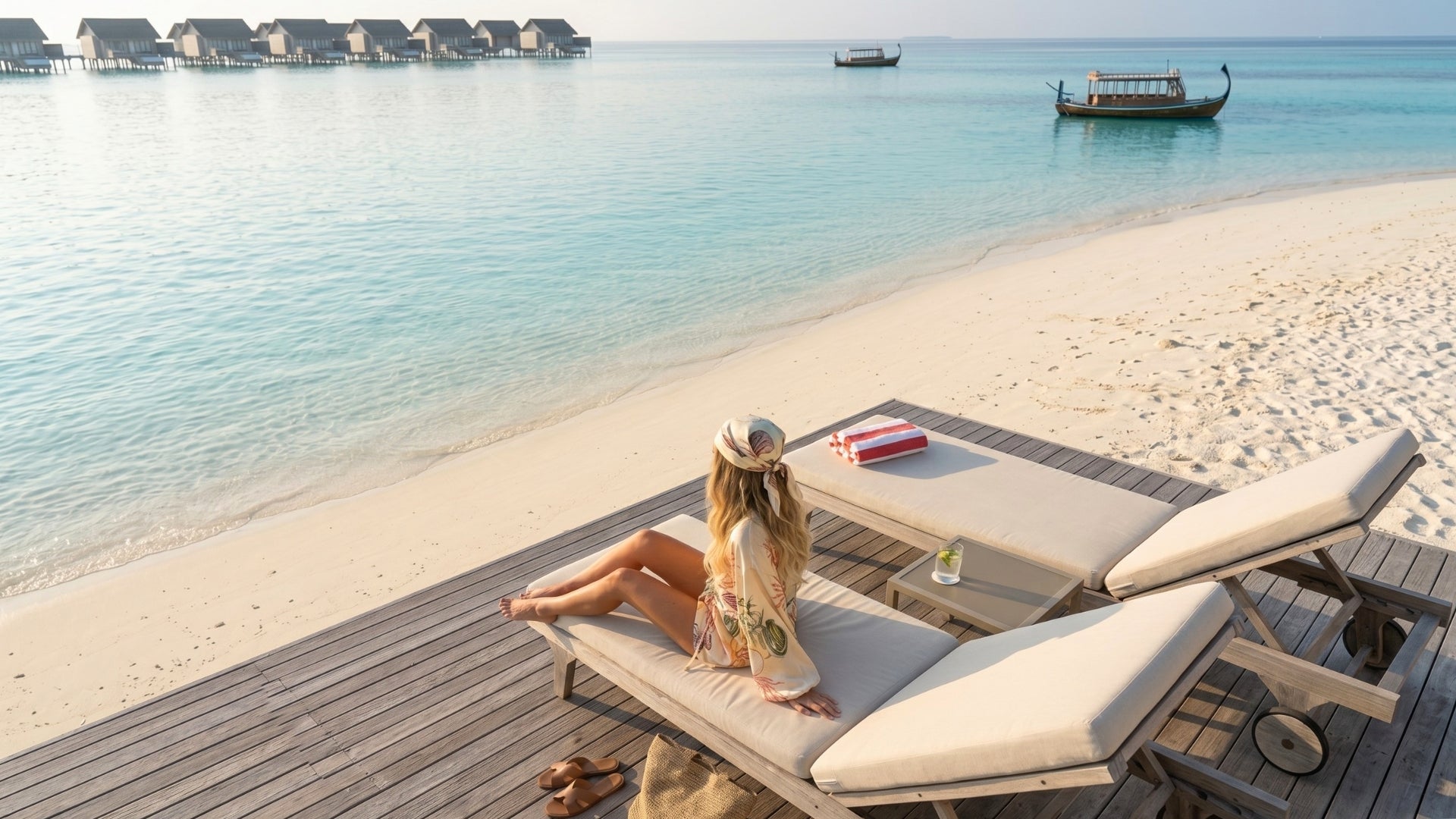 Woman sitting on a lounge chair by the beach with a view of water villas and boats.